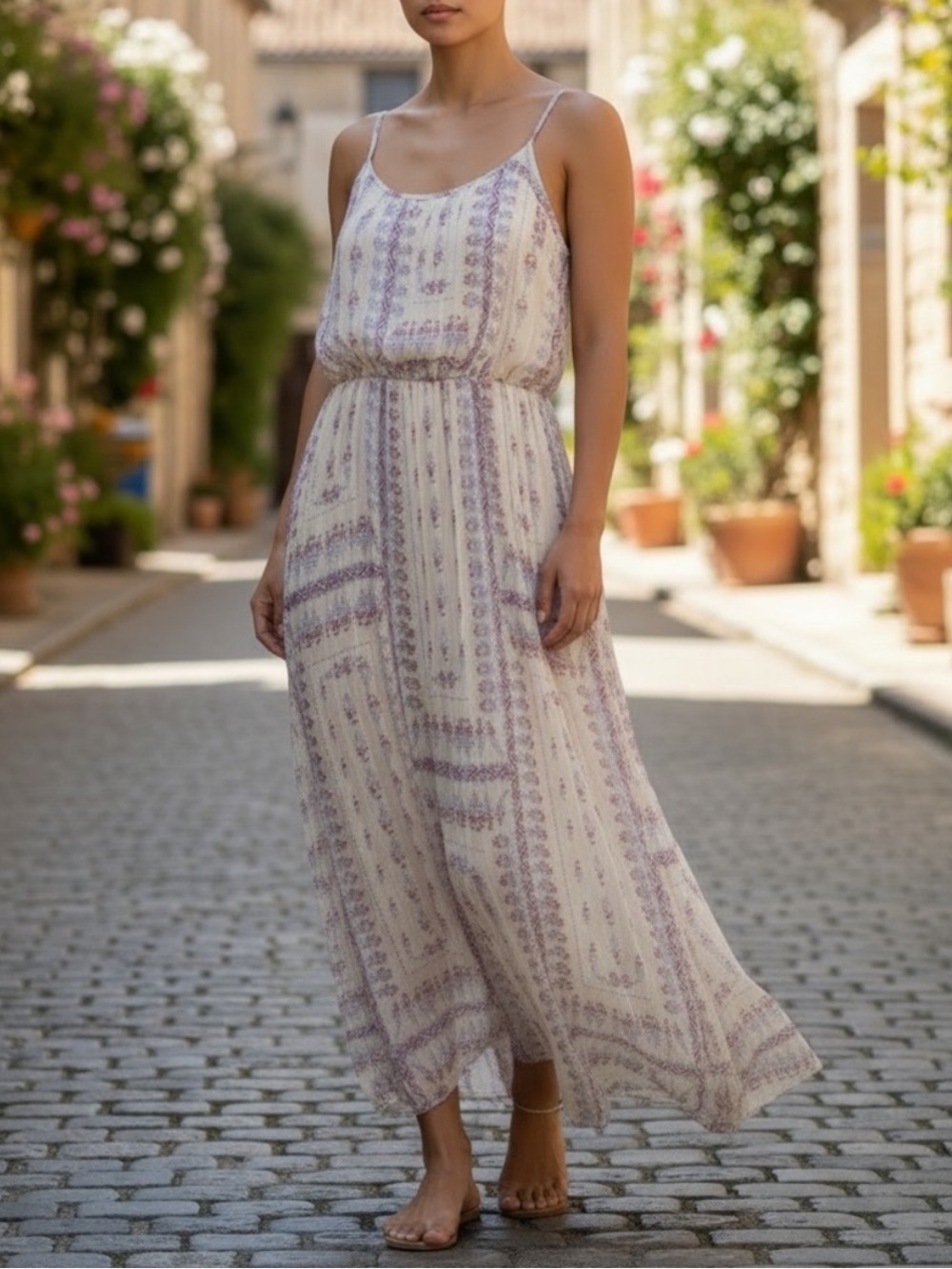 American Rag Cie Cream & Berry Midi Dress with Lavender Print- XL